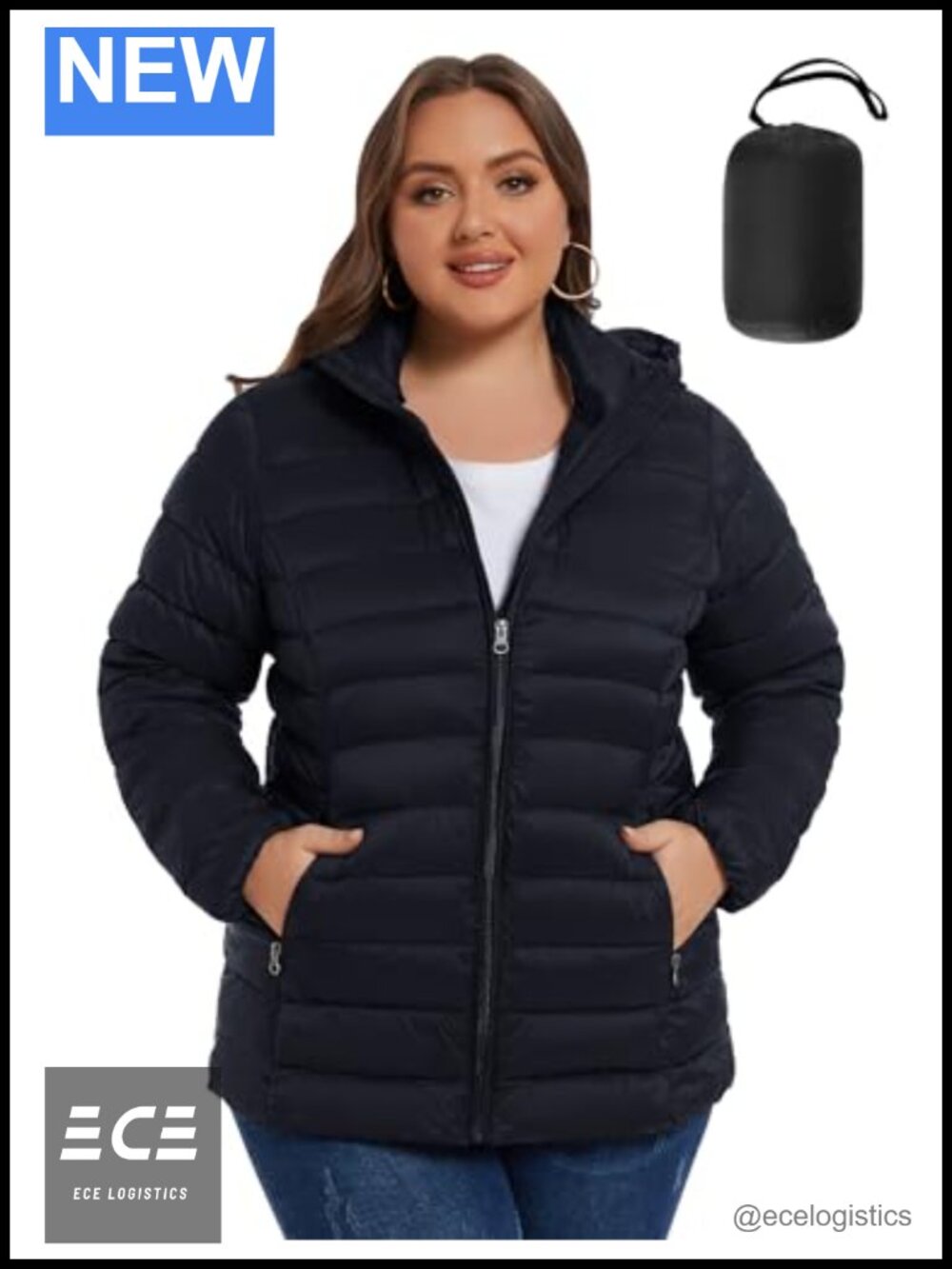 Plus Size Hooded Puffer Jacket Water Repellent Packable Zip Up Coat